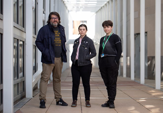 Wexner employees Matt Reber, Miranda Inscho and Jo Snyder outside of the Wexner Center on the OSU campus. (Photo by Tim Johnson)