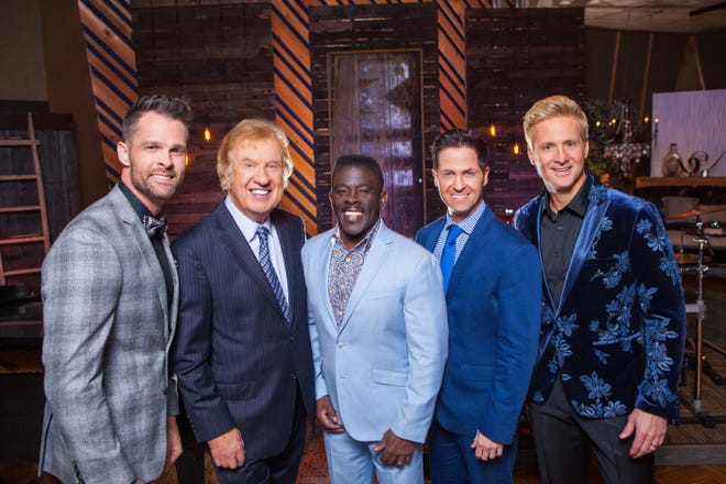The Gaither Vocal Band: Adam Crabb, Bill Gaither, Todd Suttles, Wes Hampton and Reggie Smith.
