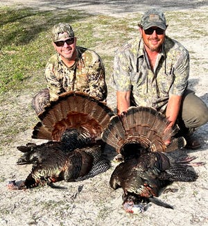Picture: On the left, PJ Piney and Drew Kisner on the right with their unique pair of Osceola gobblers.