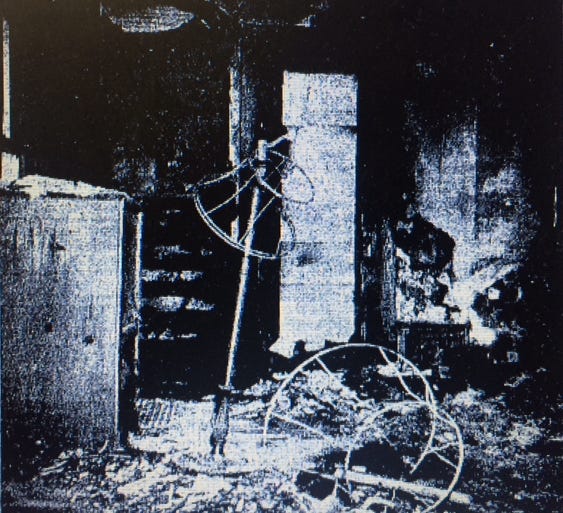 This photograph, published in The Canton Repository in March 1958, shows the charred living room of a Canton home in which Mrs. Myrtle Naetzel lost her life in an early-morning fire while trying to save her children.