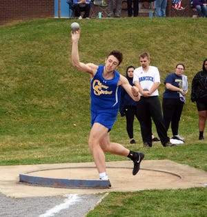 Clear Spring's Jairik McCauley competes in the boys shot put at the Quinn Hoover Invitational. McCauley took first place in both the shot put (41-5) and discus (109-8).