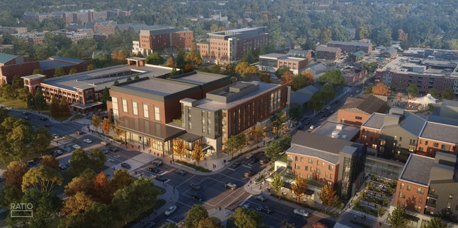 A rendering shows a new arts center Ball State University plans to build at the corner of McKinely and University avenues as part of a plan to revitalize The Village. The new development was announced March 25, 2022.