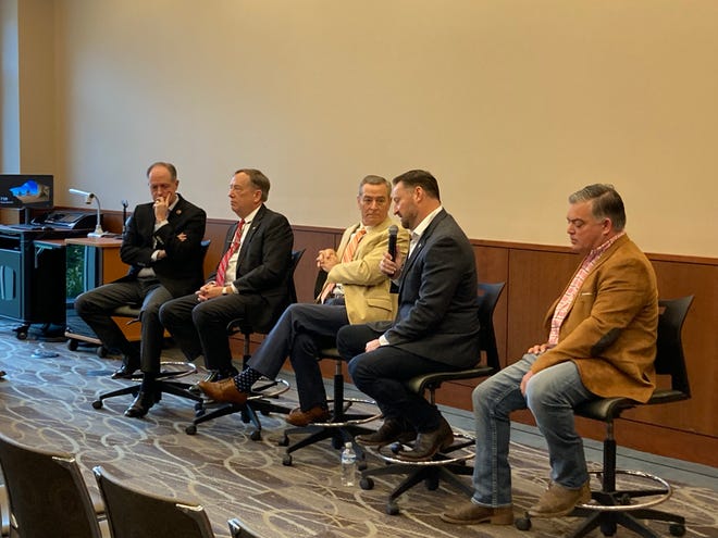 (From left to right): State Sen. Jack Johnson appears with State Reps. Sam Whitson, Glen Casada, Brandon Ogles and Todd Warner at the Williamson Inc. Policy Talks forum on March 25, 2022, in Franklin, Tenn.
