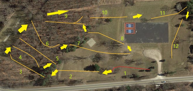 The layout for Clyde Township's new disc golf course at Jake Simpson Wilderness Park is shown off Vincent Road.