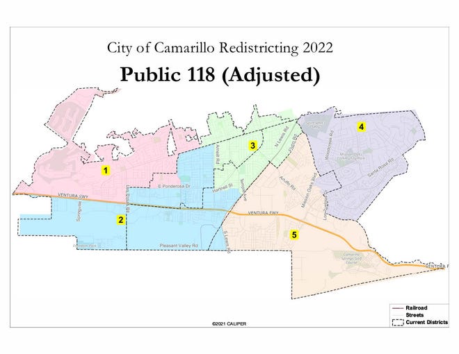 Pictured is an updated version of Camarillo's preferred City Council district map that was approved by the council in its first reading on Wednesday. The original map contained an error that split Euclid Avenue into two districts.