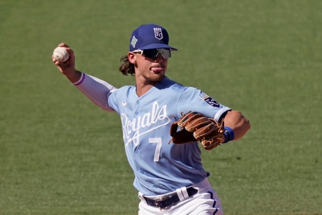 Kansas City Royals Third Baseball Player Bobby Witt Jr.  Throws The Ball During The Sixth Innings Of A Spring Practice Baseball Game Against The Cincinnati Reds On Thursday, March 24, 2022, In Surprise, Ariz.