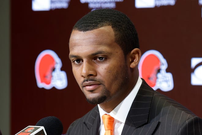 Cleveland Browns new quarterback Deshaun Watson listens to a question during a news conference at the NFL football team's training facility, Friday, March 25, 2022, in Berea, Ohio.