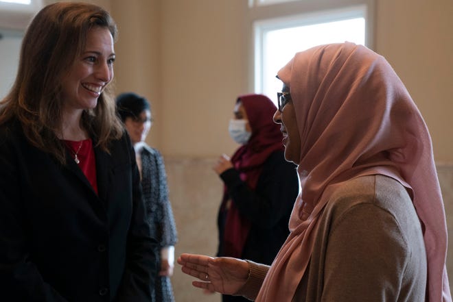 Davidson County District Attorney candidate Sara Beth Myers talks with Sabina Mohyuddin after a prayer service at the Islamic Center of Nashville Friday, March 25, 2022 in Nashville, Tenn.