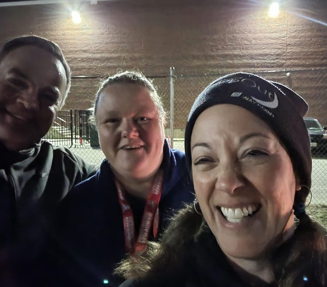 Mayor Paul Callahgan, Amy Malone of Waypoint and Officer Nicole Rodler, taking part in 2022 SleepOut, an event intended to raise awareness of youth homelessness.
