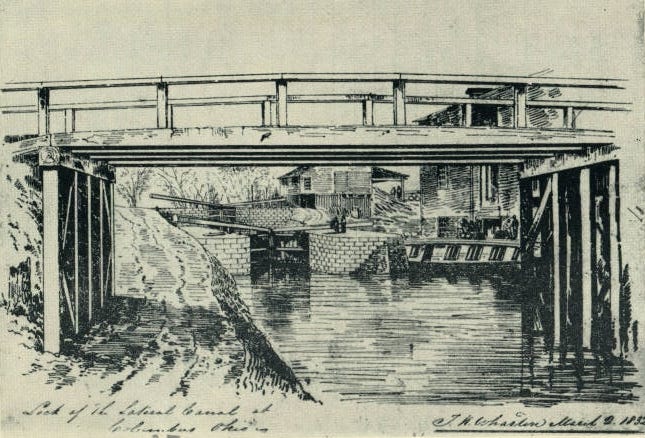 This pen and ink sketch of the Canal Lock in Columbus was one of two sketches by Thomas Kelah Wharton from the month he spent in Columbus in 1832.