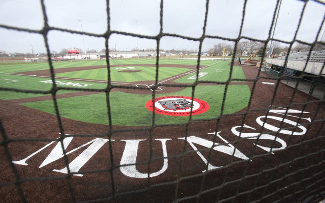 The new playing surface, fence and scoreboard are shown at Thurman Munson Memorial Stadium on Saturday, March 26, 2022.