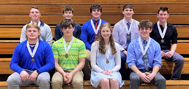 Owen  Valley's  All Western Indiana Conference Reagan Martin (girls' basketball) and Eli Wood (boys' basketball). Back row: Logan Cain (wrestling), Kain Mobley (wrestling), Jerry McBee (wrestling), Cayden Paquette (boys' basketball) and Zack Hamilton (boys' basketball). Not pictured: Branson Weaver (wrestling).