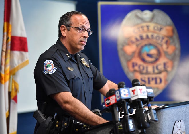 Sarasota Police Department Interim Chief of Police Rex Troche speaks at a press conference on March 28, 2022.