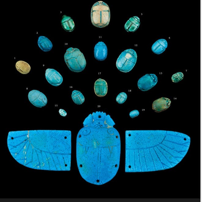 Scarabs — Middle Kingdom, 1980 — 1760 BCE, potentially one of the most well known symbols associated with ancient Egypt, these blue faience scarabs were of a mass produced type and available to all levels of Egyptian society as protective talismans.
