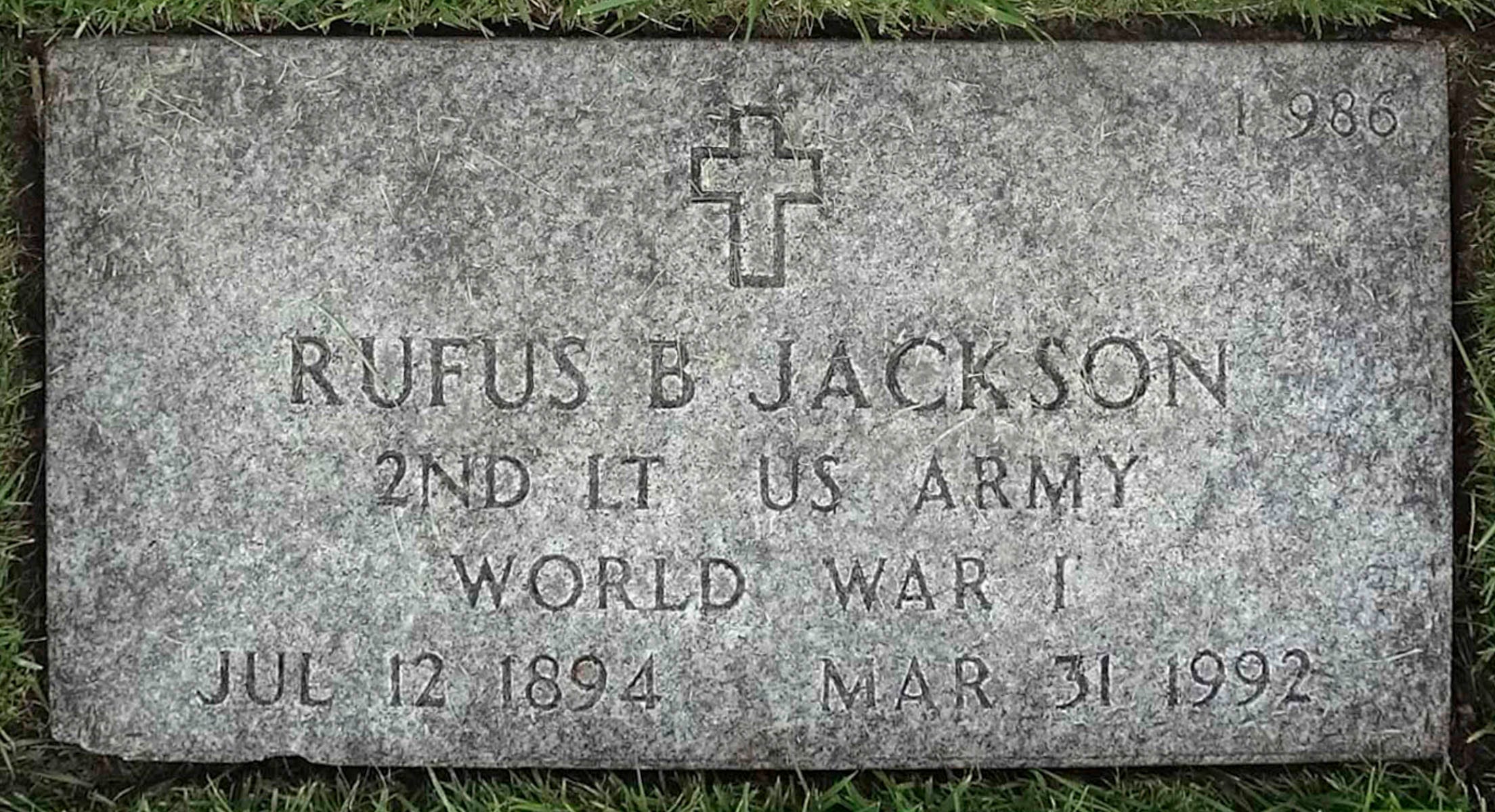 Rufus B. Jackson's headstone at Fort Custer National Cemetery in Augusta, Michigan.