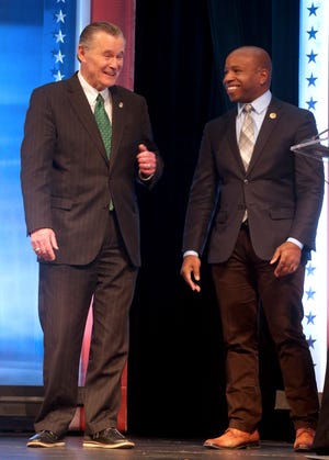 Candidates for Milwaukee mayor, former Alderman Bob Donovan, left and Acting Mayor Cavalier Johnson share a moment following their debate at Marquette Varsity Theater held by TMJ4 on Sunday, March 27, 2022. The election for Milwaukee mayor is Tuesday, April 5, 2022.
