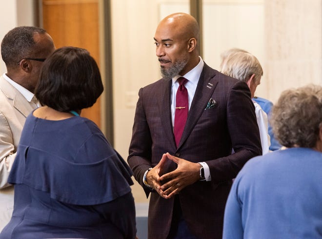 Montgomery Public Schools superintendent candidate Dr. Melvin Brown is introduced to city leaders during a meet and greet at The Lab on Dexter in Montgomery, Ala., on Monday, March 28, 2022.