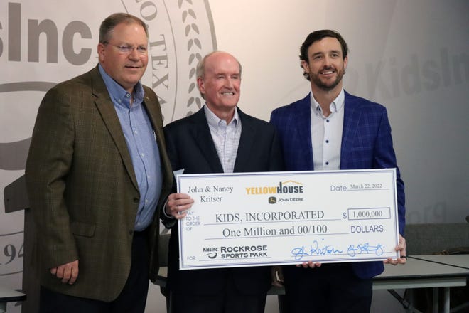 Kid's Inc. continues to fundraise for the Rockrose Sports Complex with a $1 million donation from Yellowhouse Machinery to the newly named Home Field Advantage Campaign. Pictured are Jimmy Lackey, John Kritser Sr. and John "Bub" Kritser Jr.
