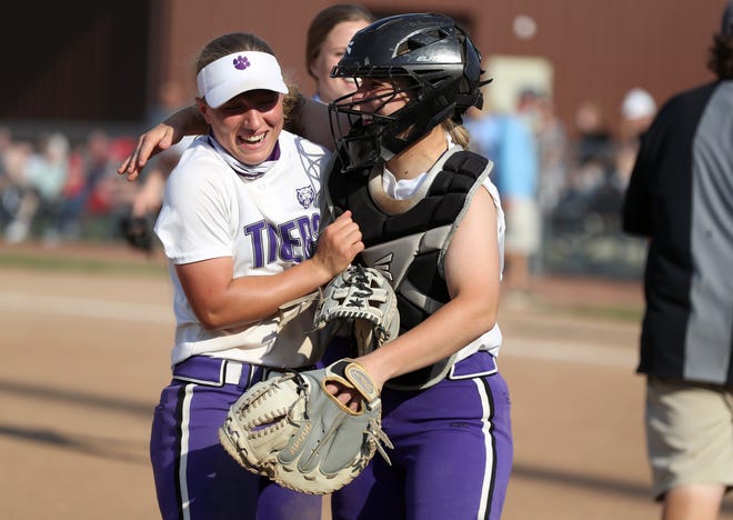 Central's Colleen Bare (left) celebrates with teammate Ellie Tressler during last year's Division I district championship game victory. The Tigers hope to reach the state tournament for the first time since 2007.
