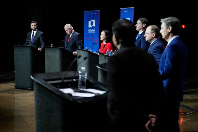 Mar 28, 2022; Wilberforce, Ohio, USA; The candidates stand on stage during Ohio's U.S. Senate Republican Primary Debate at Central State University. Mandatory Credit: Joshua A. Bickel/Ohio Debate Commission