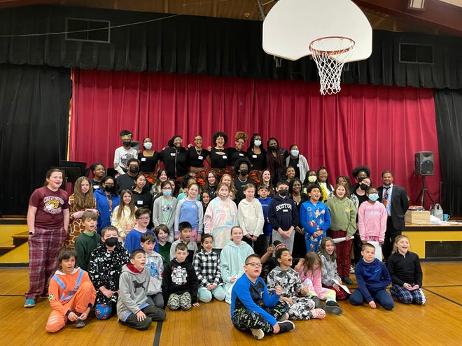 Fourth grade students at Thomas V. Nash Jr. Primary School with members of Weymouth High School's Black Student Union and the Human Rights Coalition.