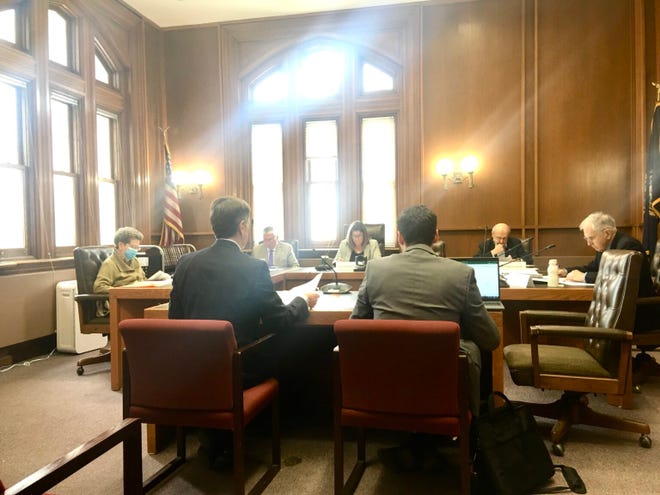 Department of Education Commissioner Frank Edelblut (left) addresses lawmakers on the Education Freedom Savings Account Oversight Committee to present data on the number of students participating in the accounts.