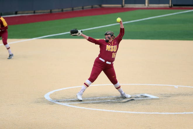 Northern State's Abigail Rux throws a pitch in the first game of a doubleheader against Minnesota State, Moorhead. Rux pitched 2.2 innings in relief, allowing just one hit and no runs.