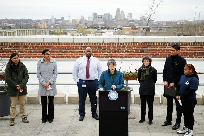 United States Environmental Protection Deputy Administrator Janet McCabe speaks to attendees at Oyler High School in the Lower Price Hill neighborhood of Cincinnati on Tuesday, March 29, 2022.