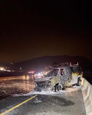 Propane tanks in a taco van exploded after the vehicle caught fire on southbound Highway 101 along the Conejo Grade early Sunday, blocking the freeway for a time, the California Highway Patrol reported. No injuries were reported.