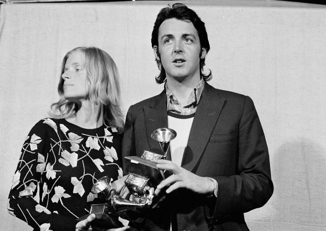 Paul McCartney of the Beatles, and his wife Linda, made a surprise appearance at the Grammy Awards in Los Angeles on March 16, 1971.