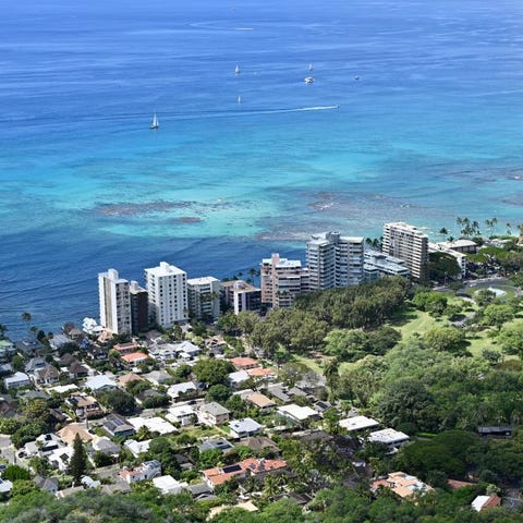 Crystal blue waters are seen along Waikiki Beach, 