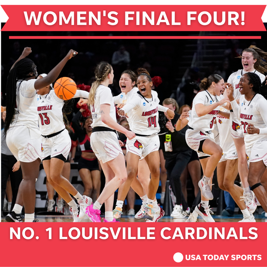 Louisville players celebrate their 62-50 win over Michigan in the Elite 8 of the NCAA women's basketball tournament in Wichita, Kansas, on Monday, March 28, 2022.