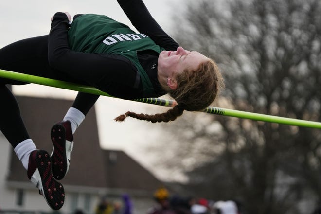 West Burlington-Notre Dame high jumper Josie Bentz clears the bar during her jump at the Falcon Relays Tuesday March 29, 2022 in West Burlington, Iowa.  