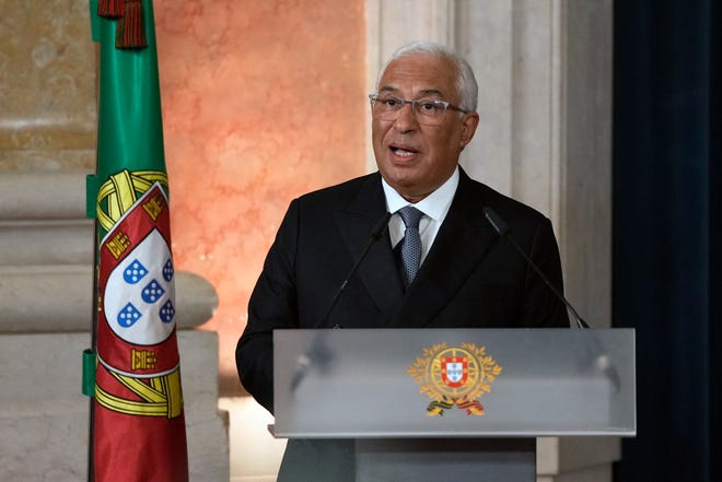 Portuguese Prime Minister Antonio Costa delivers his speech during the swearing in ceremony of the new center-left Socialist government at the Ajuda palace in Lisbon, Wednesday, March 30, 2022. The Socialists captured 120 seats in the 230-seat parliament in a landslide election win last January, opening a path for far-reaching reforms long postponed by political quarreling. (AP Photo/Armando Franca)