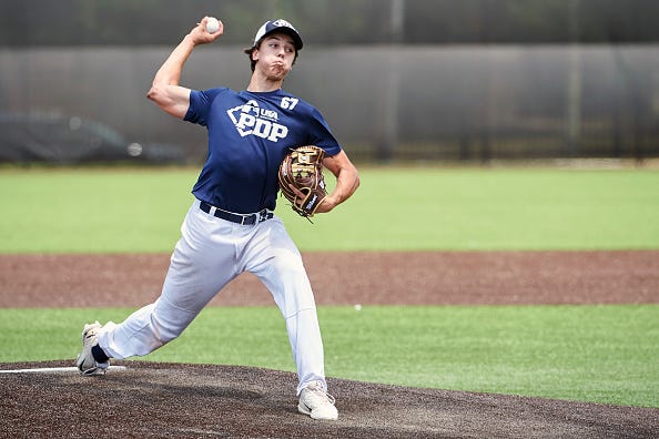 Connor Phillips pitches during the PDP event at the Texas Rangers Youth Academy on Friday, June 8, 2018 in Dallas, Texas.