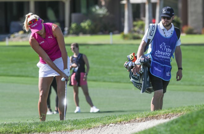 Lexi Thompson chips onto the 7th green during the Chevron Championship pro-am practice round at Mission Hills Country Club in Rancho Mirage, Calif., March 30, 2022.