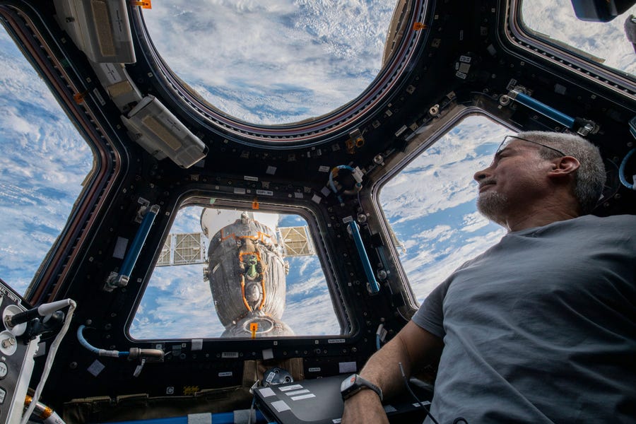 U.S. astronaut and Expedition 66 Flight Engineer Mark Vande Hei peers at the Earth below from inside the seven-windowed cupola, the International Space Station's window to the world on Feb. 4, 2022.