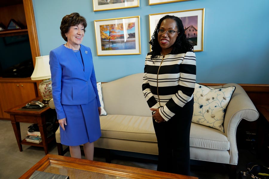 Supreme Court nominee Ketanji Brown Jackson meets with Sen. Susan Collins, R-Maine, on Capitol Hill in Washington, March 8, 2022.