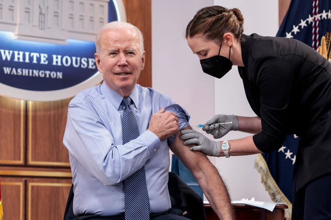 President Joe Biden receives a fourth dose of the Pfizer/BioNTech Covid-19 vaccine in the South Court Auditorium on March 30, 2022 in Washington, DC. Before receiving his second booster shot President Biden gave remarks call on Congress to pass further legislation to provide more funding to aid the Covid-19 pandemic response.