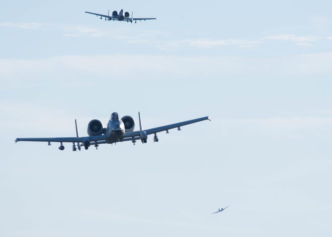 Air Force A-10 Thunderbolt II pilots assigned to the 74th Fighter Squadron from Georgia's Moody Air Force Base demonstrate a show of force at Missouri's Cannon Range in 2018. A-10s from Moody will be participate in the upcoming Weapons System Evaluation Program at Eglin Air Force Base.