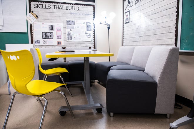 Cruz used some of the grant money to purchase a cozy set of modular sofa chairs that could be rearranged or pushed together in the corner near her desk where she teaches English language learners.