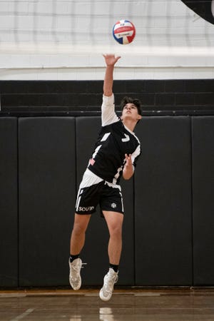 Pueblo South’s Jack Beltran serves the ball during a matchup with Colorado Springs Christian on Wednesday, March 30, 2022.