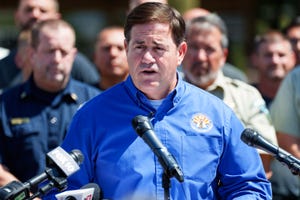 Gov. Doug Ducey and the Department of Forestry and Fire Management give a briefing on the wildfire season outlook at the state Capitol on March 31, 2022, in Phoenix, Ariz.