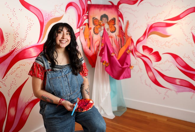Stephanie Juanillo works on her exhibit called "Mi Cuerpo Es Mi Hogar," at the Bush Barn Art Center on Thursday, March 31, 2022 in Salem, Ore.