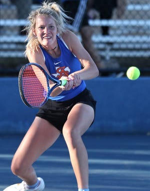 San Angelo Central High School's Kenzie King hits a volley during the District 2-6A Tournament at the Tut Bartzen Tennis Complex on Wednesday, March 30, 2022. King is playing girls doubles with Trinity Pfluger.