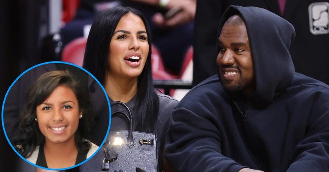 Rapper Kanye West and girlfriend Chaney Jones attend a game between the Miami Heat and the Minnesota Timberwolves at FTX Arena on March 12, 2022 in Miami, Florida. Inset: Jones as a Caesar Rodney High School senior in 2014.