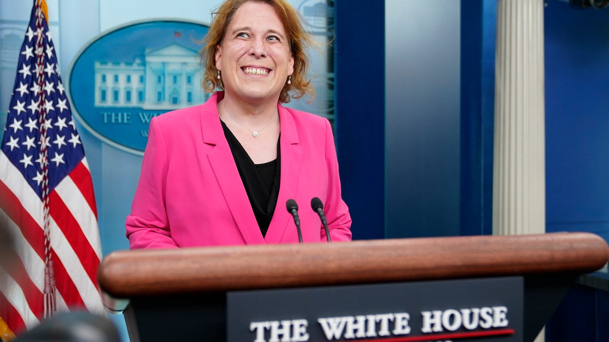 "Jeopardy!" champion Amy Schneider speaks with members of the press at the White House on Thursday to participate in Transgender Day of Visibility.