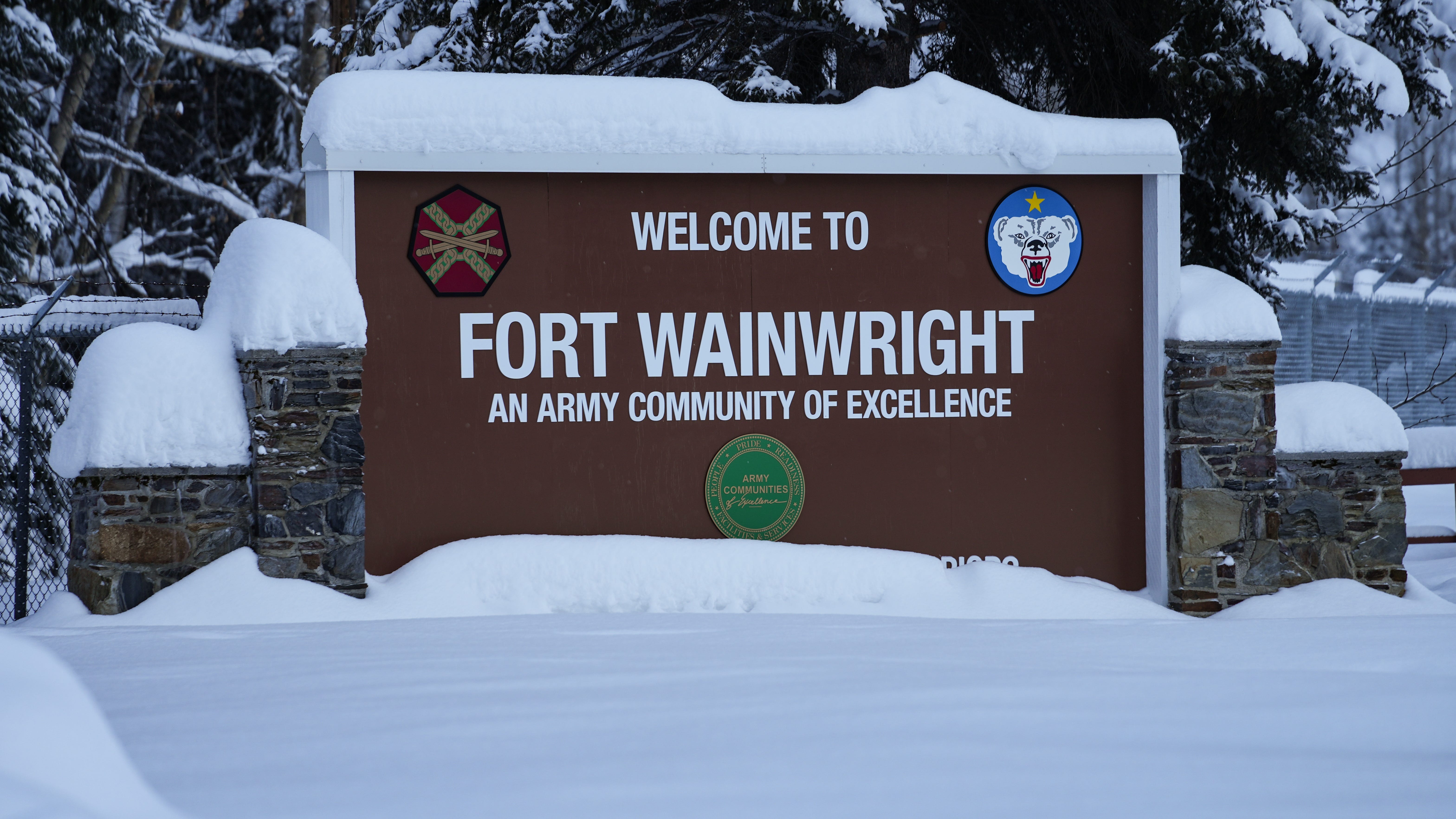 Welcome signage outside the Army's Fort Wainwright in Fairbanks, Alaska.