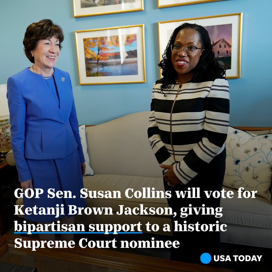 Supreme Court nominee Ketanji Brown Jackson, right, meets with Sen. Susan Collins, R-Maine, on Capitol Hill in Washington on Tuesday, March 8, 2022.