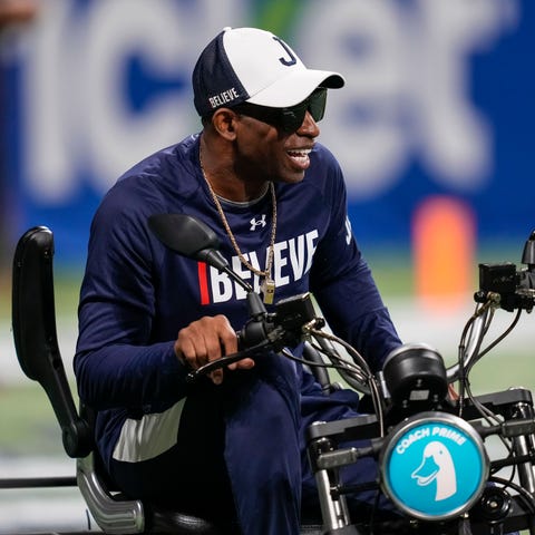 Jackson State head coach Deion Sanders on the fiel